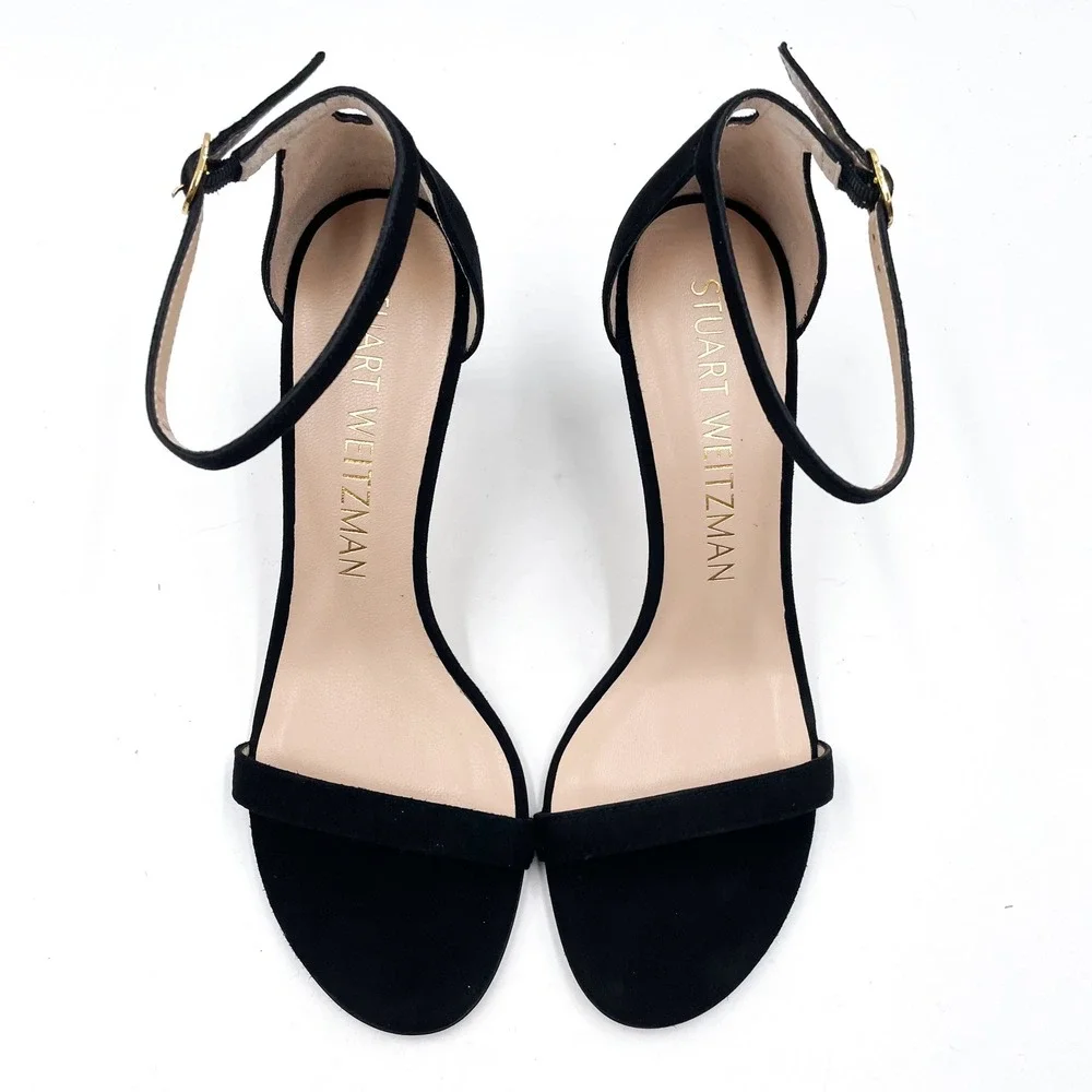 Stuart Weitzman NunakedStraight Black Suede Sandals‎ Ankle Strap High Heel Sz 9
